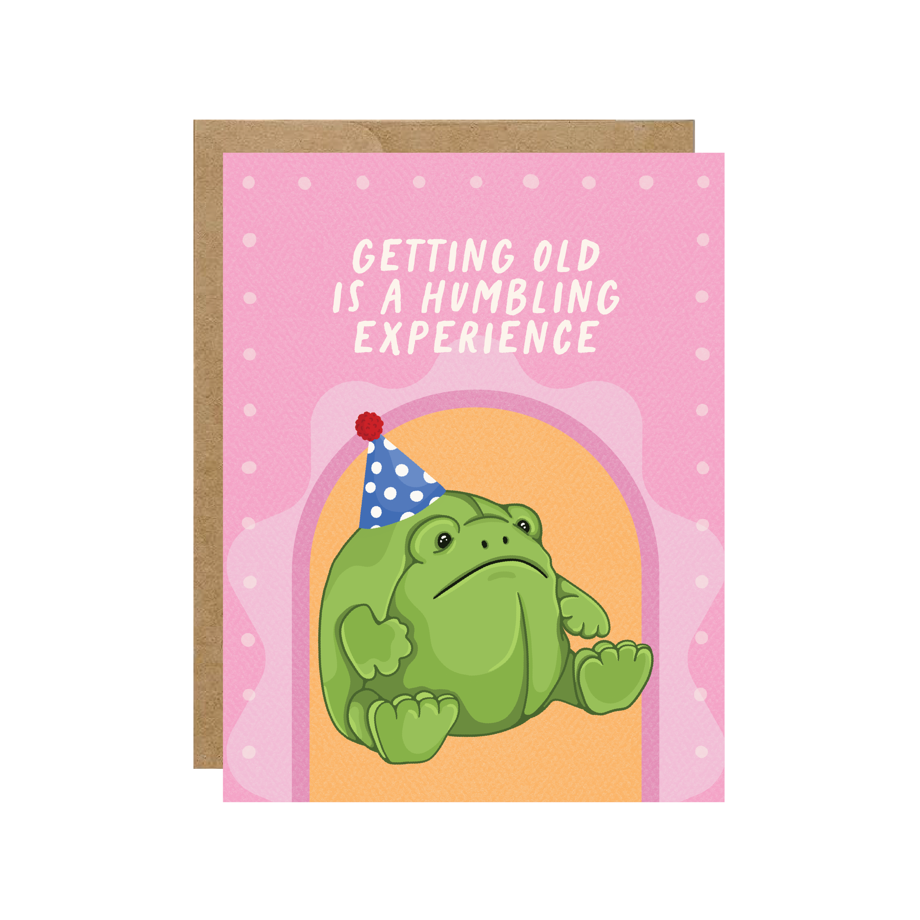 Getting Old is a Humbling Experience greeting card with grumpy frog illustration